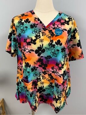 NWT Cherokee Scrub Top 3X Black Floral & Butterflies Rainbow Background Scrubs